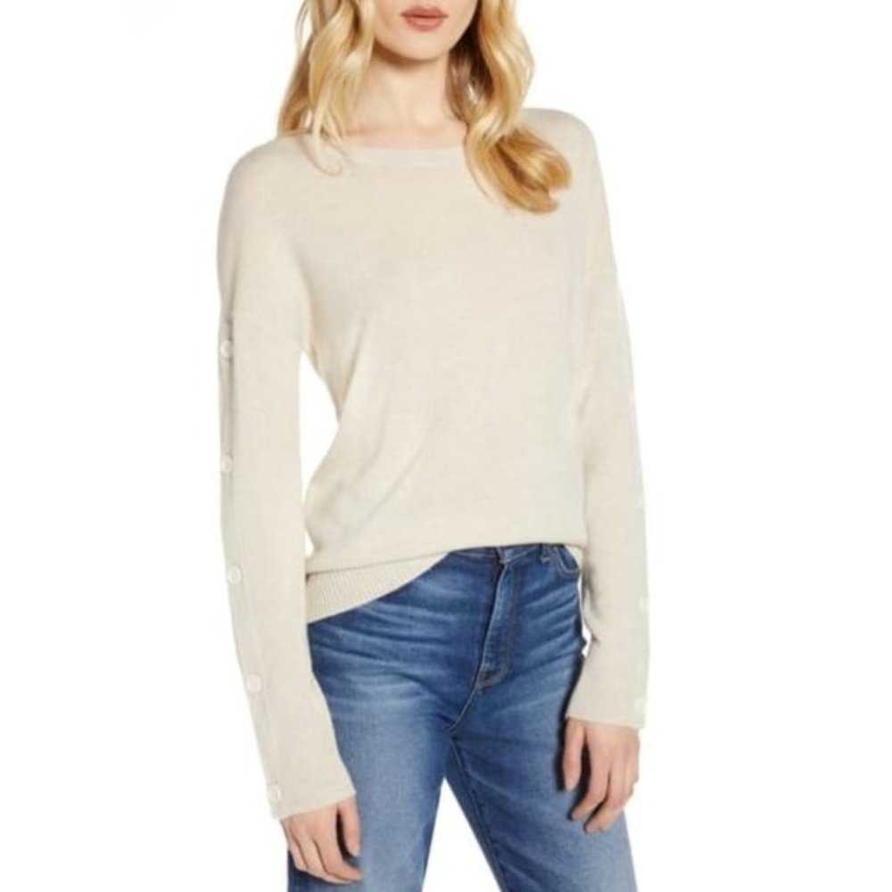 Halogen Wool & Cashmere Button Sleeve Sweater